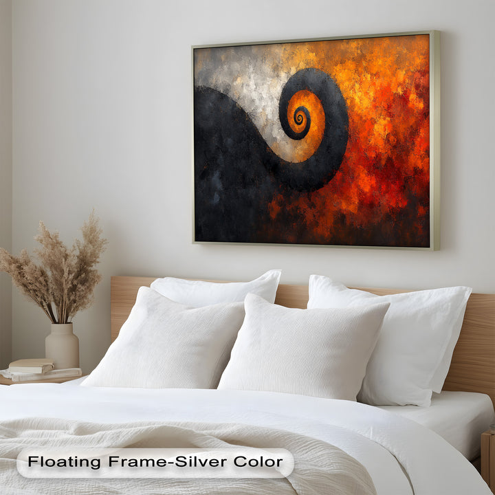 Dramatic abstract wall art with a glowing vortex and rich earth tones.
