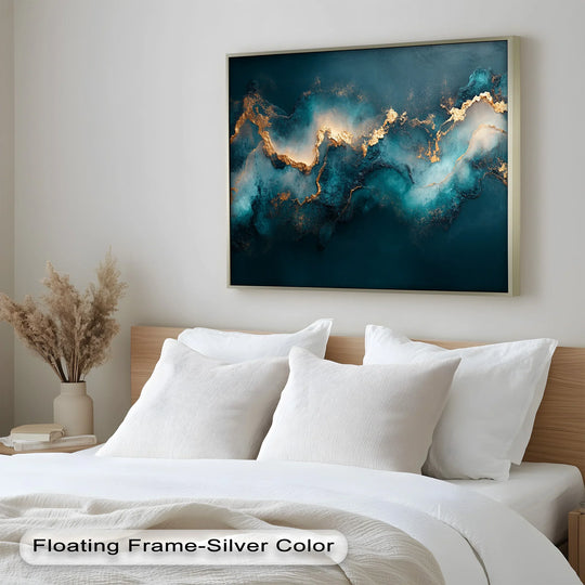 Visual rhythm created by the gold swirls against a deep blue in this abstract oil painting art prints evokes a sense of luxurious movement.