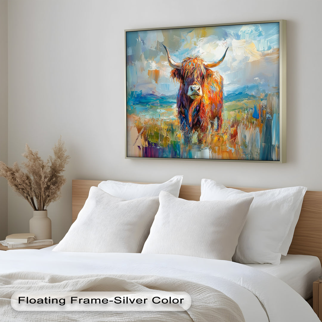 Highland Cow in Windswept Fields - Animal Oil Painting