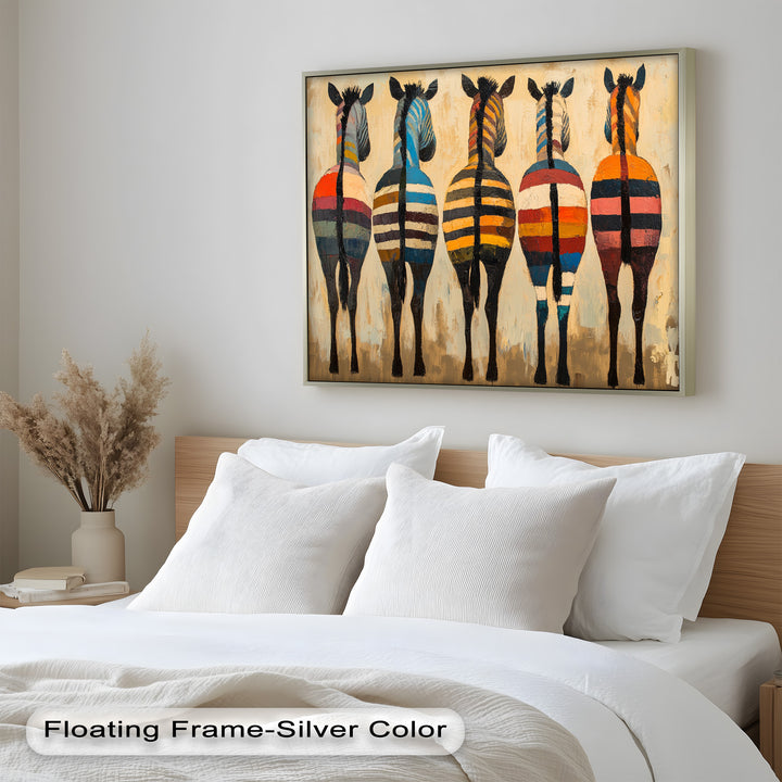 Five Colorful Zebras with Bold Stripes – Animal Oil Painting