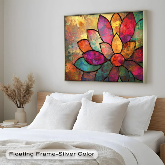 Inviting mood created by the framed stained flower oil painting artwork, radiating warmth with its vibrant colors and distinctive stained-glass-inspired texture.