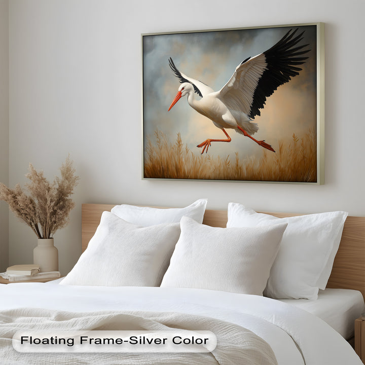Stork in Flight over Golden Grasses – Animal Oil Painting