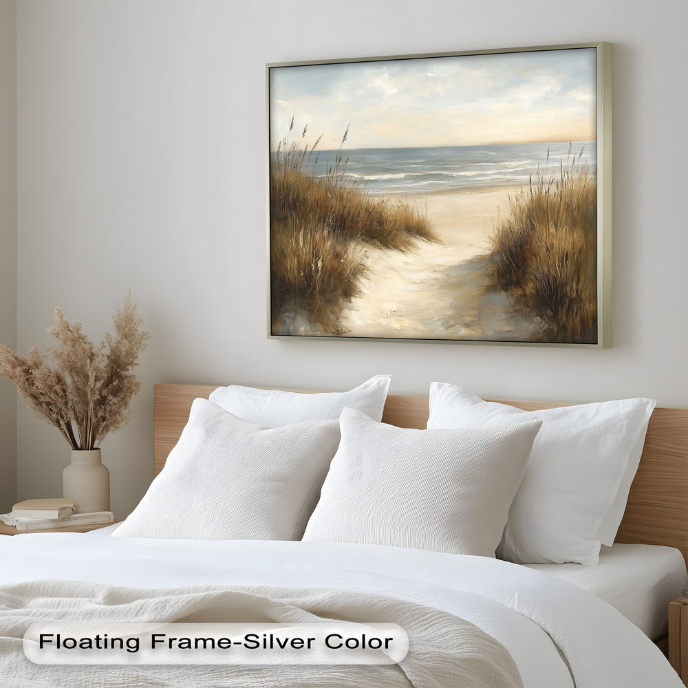 Gentle waves roll onto the shore as the sky glows with subtle hues, evoking a sense of stillness and seaside serenity.