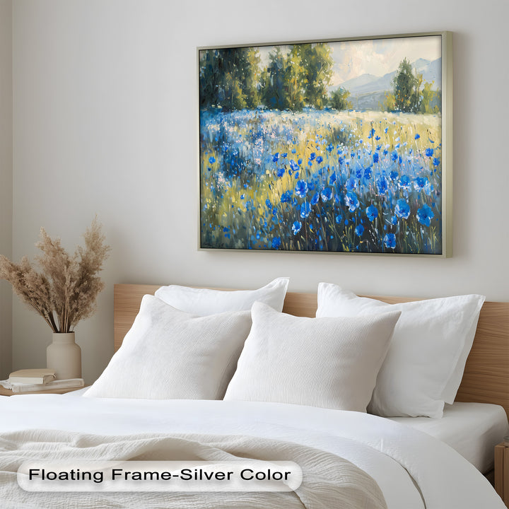 Delicate blue flowers bloom across an endless field in this exquisite oil painting, blending natural tones and expressive strokes to evoke a sense of peace and tranquility.