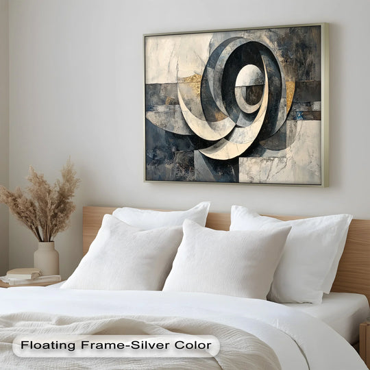 Against the stark white background, the framed modern oil painting art features a monochrome spiral motion design with striking contrasts.