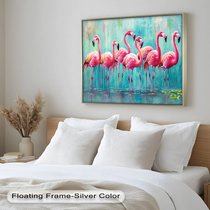 Flamingoschwarm auf dem Wasser – Tierölgemälde