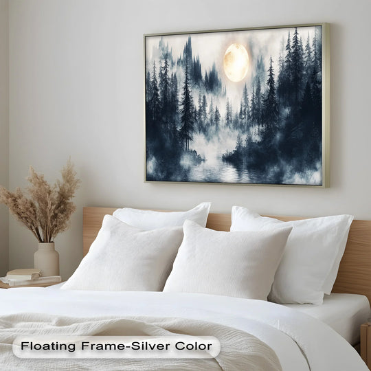 Visible brushstrokes give a textured, almost tangible quality to this moonlit forest oil painting reproduction print, enhancing the mystical atmosphere of the misty pine trees.