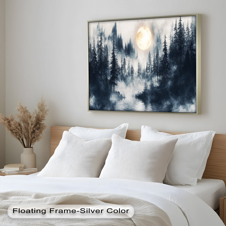 Dark fantasy landscape featuring a glowing full moon over a foggy lake.
