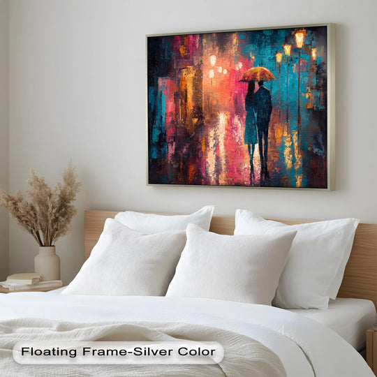 Visual rhythm flows through this impressionistic oil painting art as lovers under an umbrella are depicted in a series of vertical strokes reflecting light-drenched city streets.