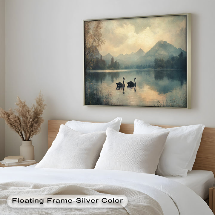 Black Swans on a Mountain Lake – Modern Oil Painting