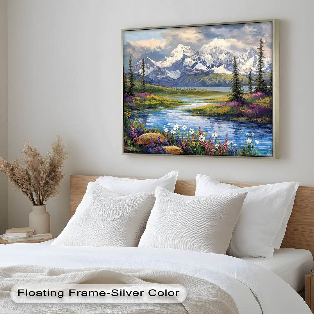 Vintage Mountains & River – Framed Oil Painting