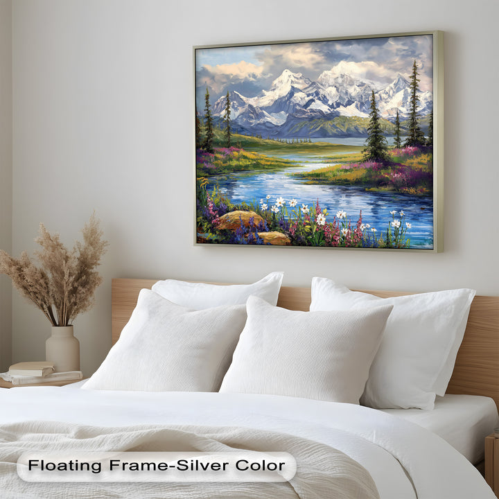 Vintage Mountains & River – Framed Oil Painting