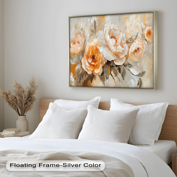 Textured floral artwork featuring delicate blooms in warm neutral tones.
