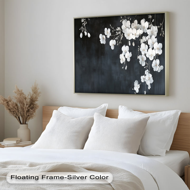 White Cherry Flowers on Midnight Blue - Flower Oil Painting