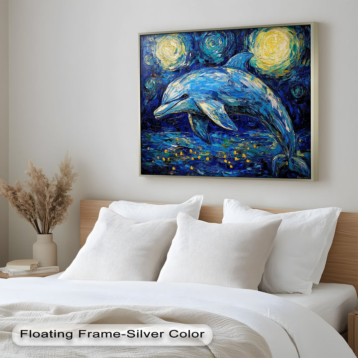 Starry Night Dolphin in Ocean Dreamscape – Animal Oil Painting