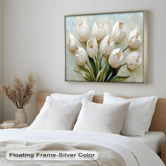 Undulating forms define this 'Whispers of Spring' creamy white tulip bouquet, an evocative oil painting art piece capturing the essence of floral organic shapes.