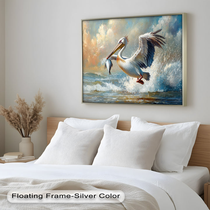 Pelican Catching Fish in Ocean Surf – Animal Oil Painting