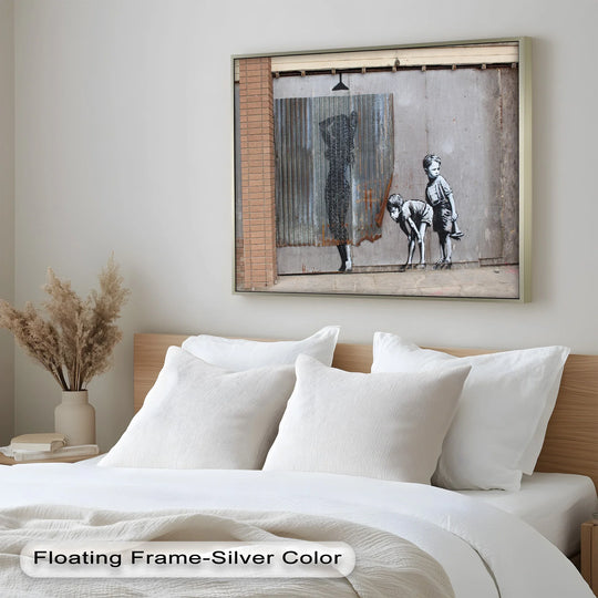 The quiet and thought-provoking mood emanates from this 'Boys Looking Girl' Banksy oil painting, a compelling piece of oil painting decoration.