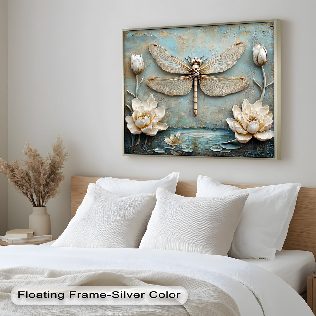 A sophisticated mixed-media artwork with a raised golden dragonfly and lifelike floral elements, creating a harmonious blend of texture and elegance.
