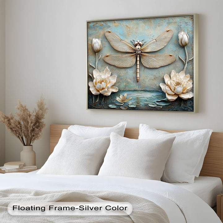 A sophisticated mixed-media artwork with a raised golden dragonfly and lifelike floral elements, creating a harmonious blend of texture and elegance.