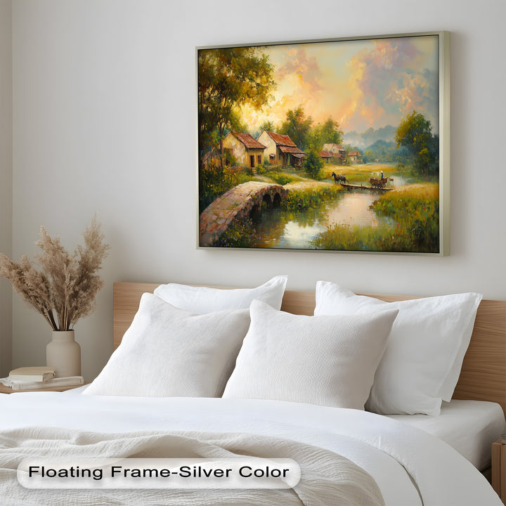 Bring warmth and nostalgia into your home with this breathtaking oil painting, depicting a quiet village, lush landscape, and a gentle river under a radiant sky. The intricate brushstrokes and rich textures make this framed oil painting a must-have for nature and art lovers alike.