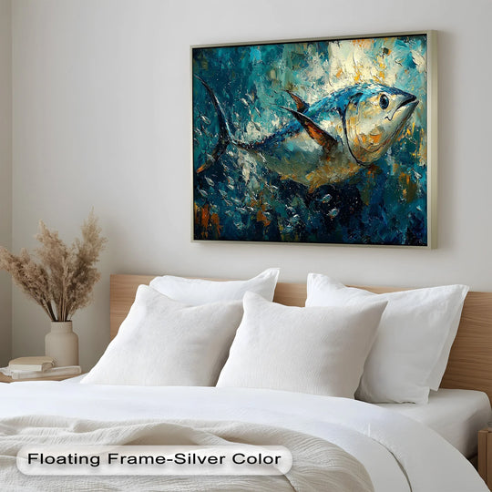 Close-up on textured white bedding beneath a framed, modern oil painting art piece of a bluefin tuna swimming in a vivid ocean current.