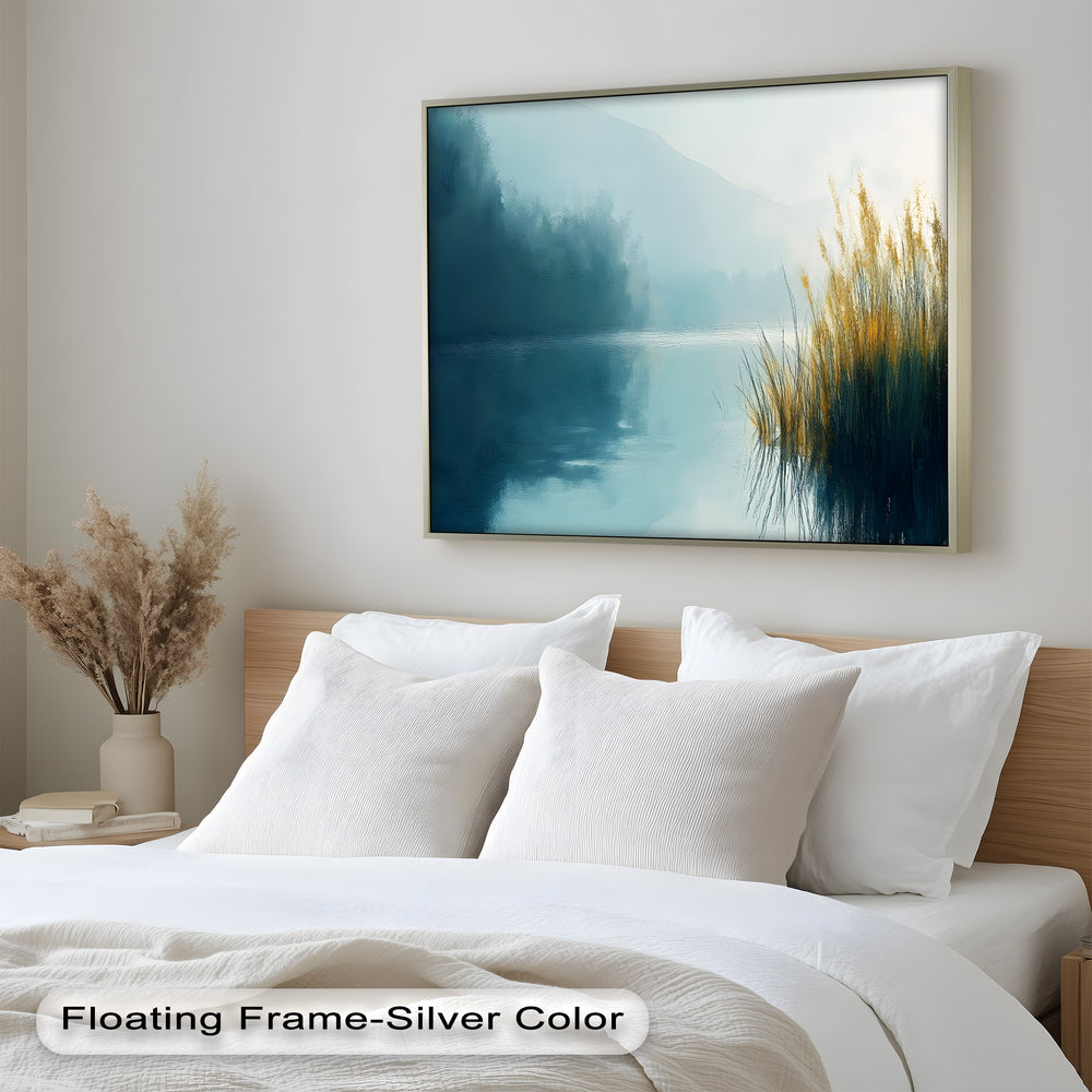 This atmospheric painting captures the quiet stillness of a foggy morning by the lake, with muted reflections and golden grasses adding warmth to the serene landscape.