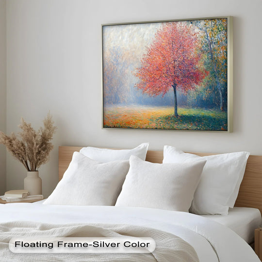 Light and shadow play across the impressionist oil painting reproduction print of 'Autumn Radiance,' highlighting the crimson maple tree in a misty autumn field.
