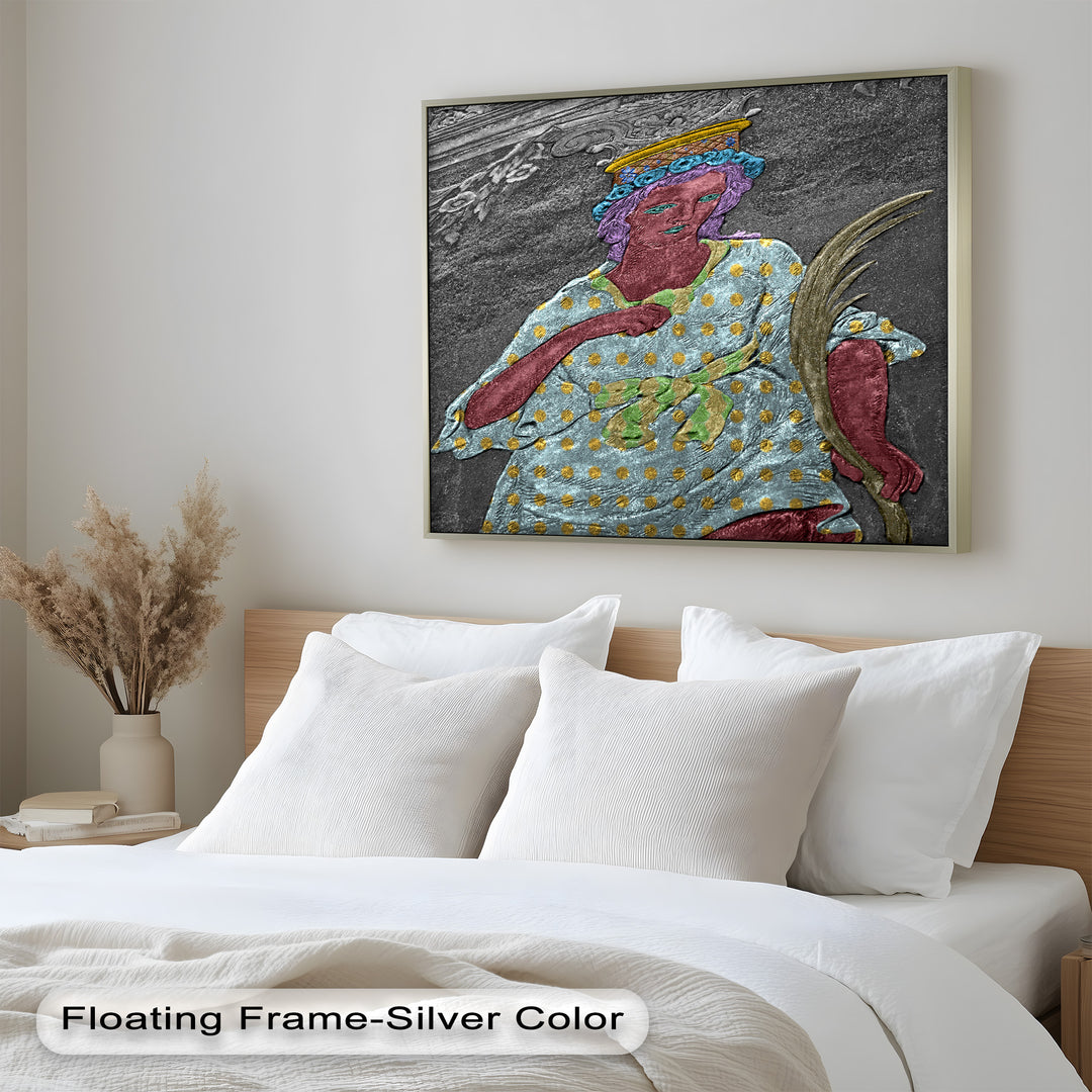 Geheiligte Blüte – Polychromes Engelrelief-Ölgemälde