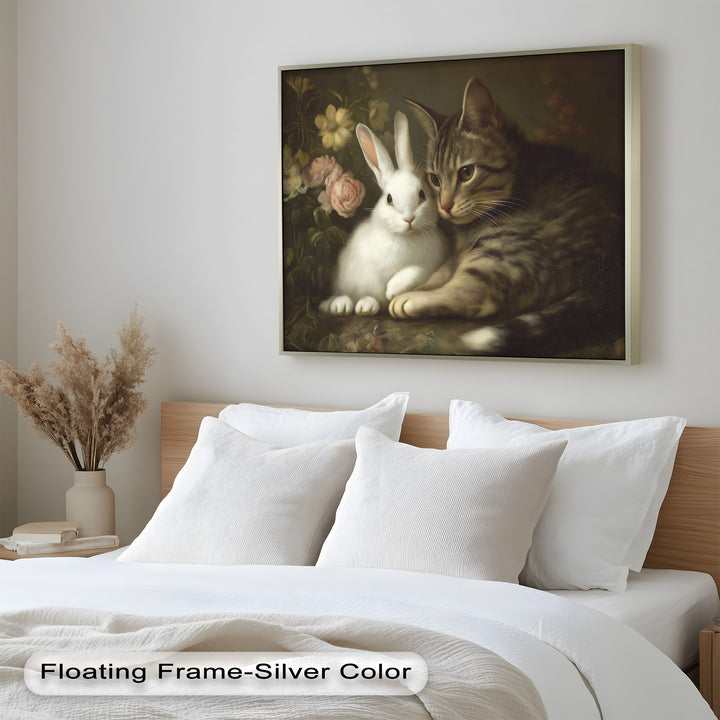 Cat and Rabbit in Floral Harmony - Animal Oil Painting