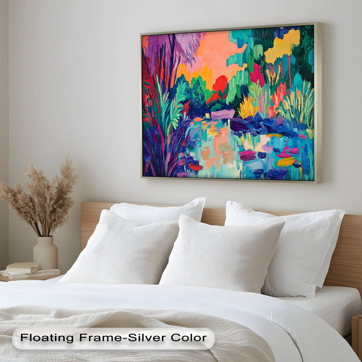Sunset Reflections Oil Painting – Fauvist Lakeside Dreamscape
