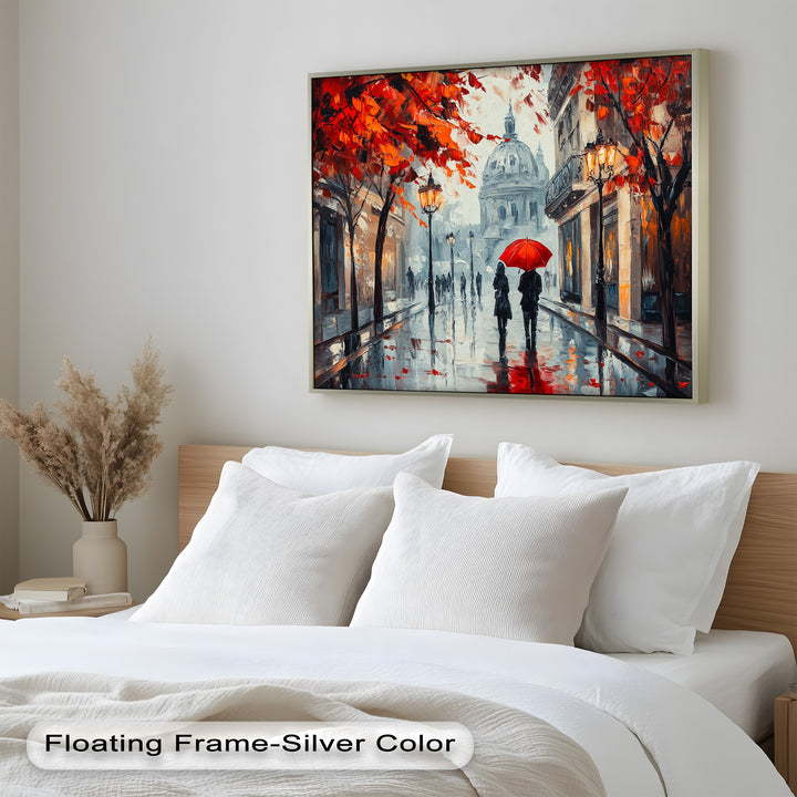 Lovers Walking with Red Umbrella - Love Oil Painting