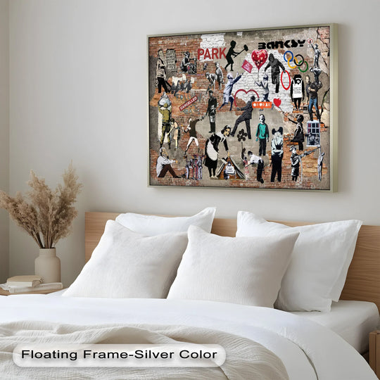 Bricks and figures define the transition between colors in this collage oil painting, a modern oil painting art piece that merges activism with the iconic Banksy's rebellion.