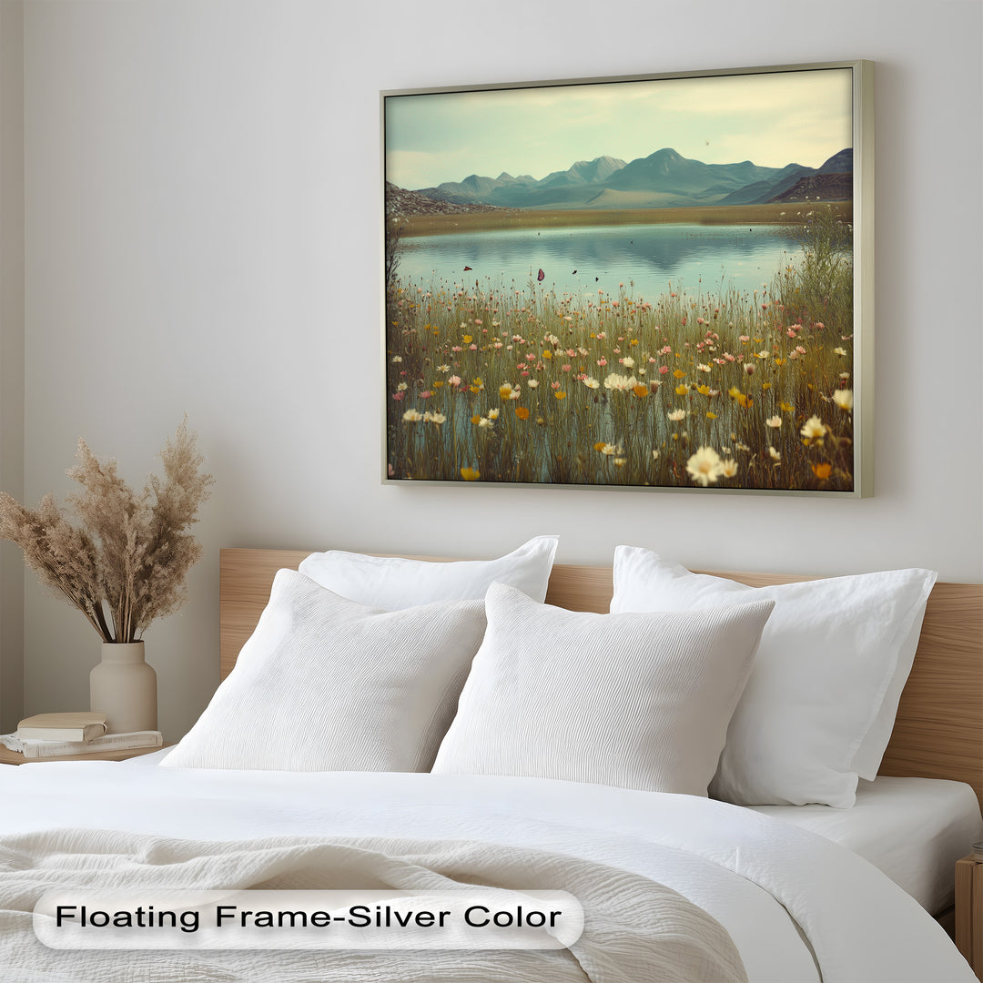 Butterfly Bloom by the Lake – Framed Oil Painting