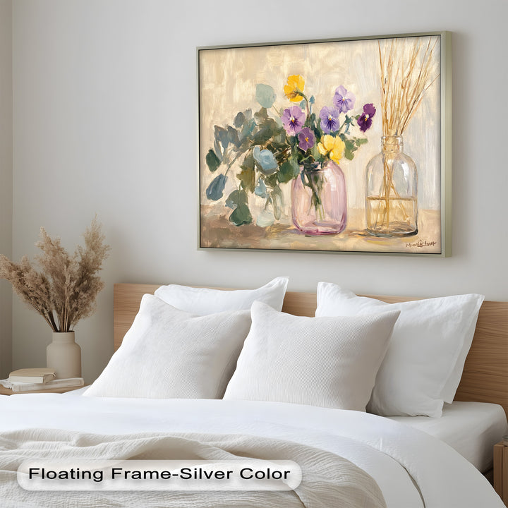 This impressionist-style artwork exudes rustic charm, with delicate purple and yellow flowers gracefully spilling from a glass jar, complemented by golden wheat in a second vase.