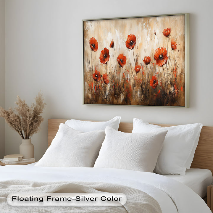 Fiery Meadow – Scarlet Poppies in Earth-Toned Field Flower Oil Painting