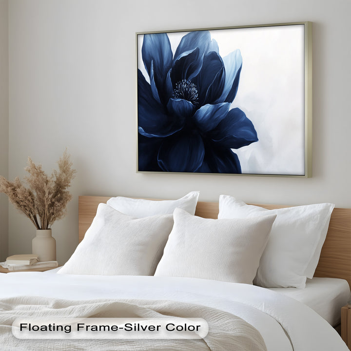 Modern botanical painting showcasing a single dark blue bloom.
