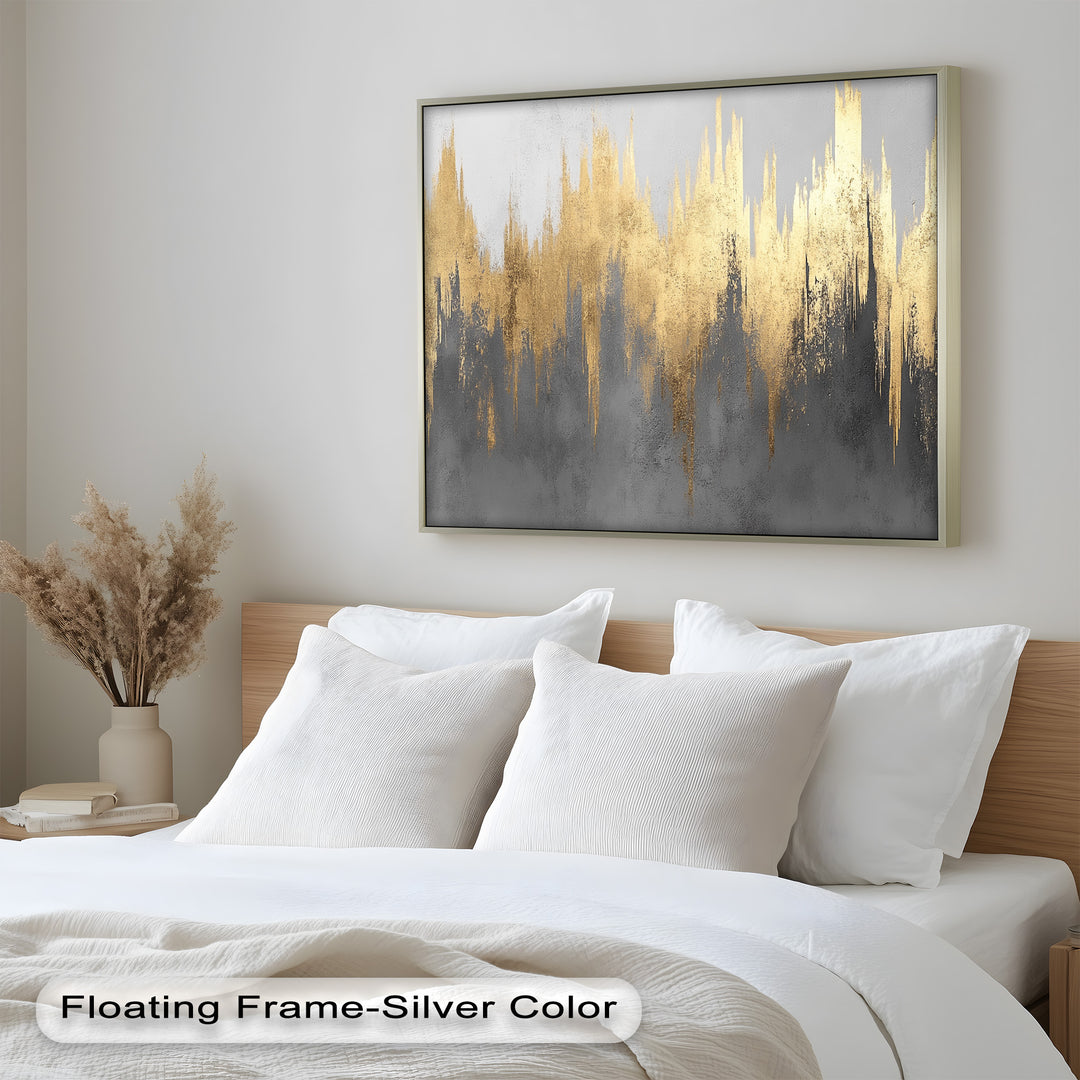 Modern minimalist artwork featuring metallic gold accents on a muted background.
