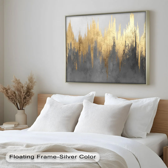 Foreground detail showcases the luxurious Golden Lighting modern abstract oil painting wall art, highlighting fluid gold tones on textured white bedding.