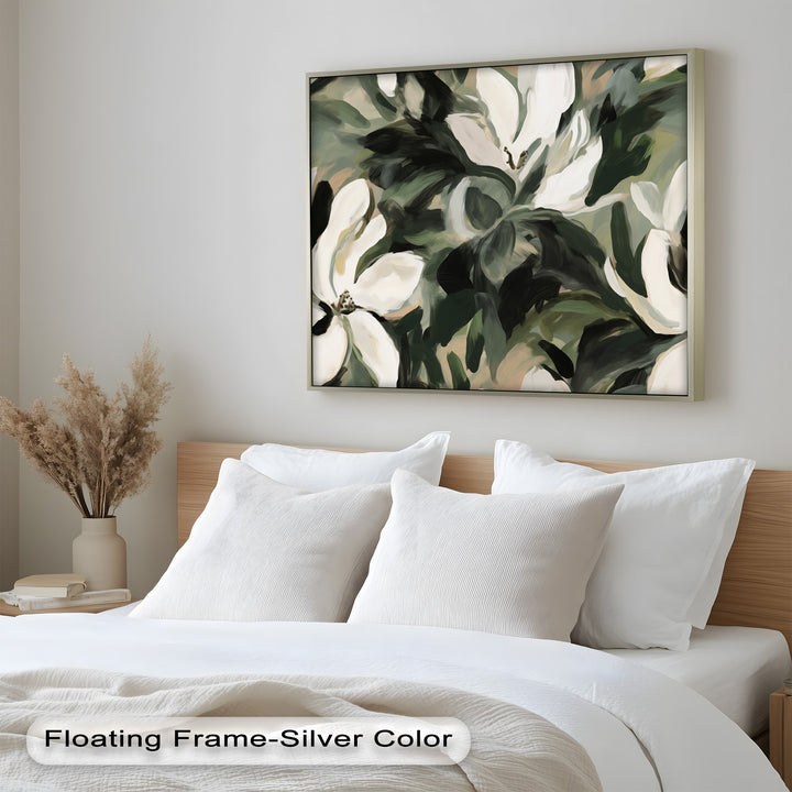 Cream Blooms in Forest Green - Flower Oil Painting