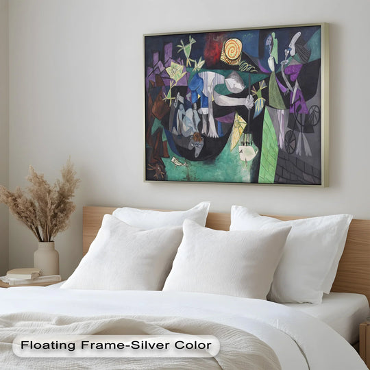 High-quality materials form a striking Picasso-style oil painting art piece, showcasing the Spiral Sun with vivid color and texture within a silver floating frame.