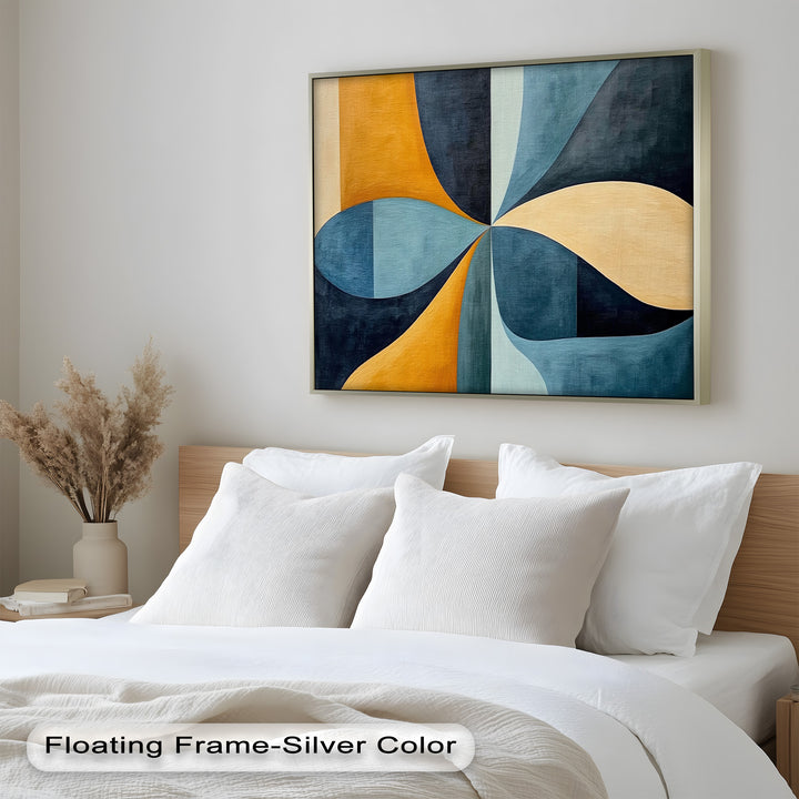 Contemporary wall art featuring curved symmetry in navy, ochre, and teal.
