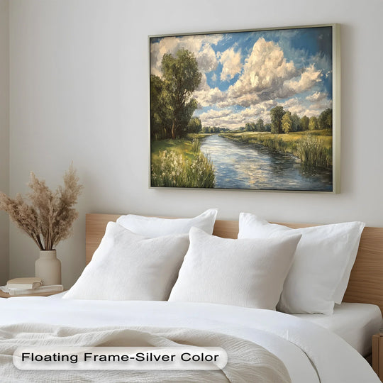 Expansive negative space highlights the oil painting decoration in this serene river landscape, where the detailed, cloud-filled sky creates a modern nature art piece.