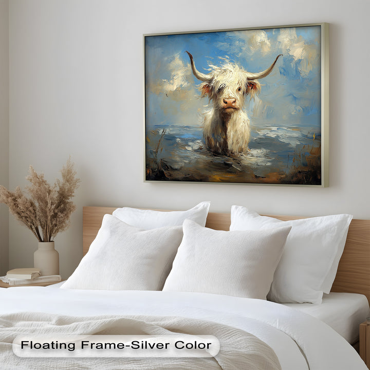 Highland Cow in Coastal Waters – Animal Oil Painting
