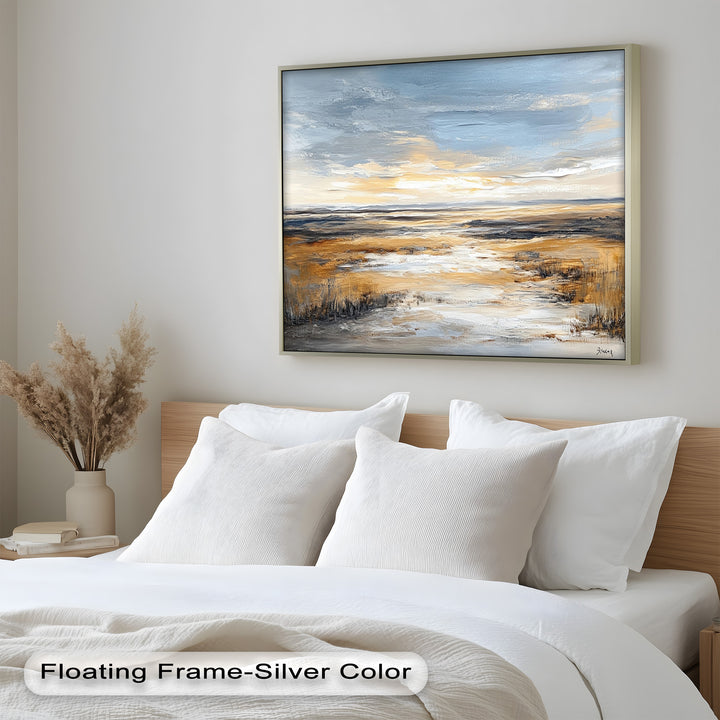 A timeless celebration of light, space, and stillness, this landscape painting brings the soothing beauty of the natural world into your home.
