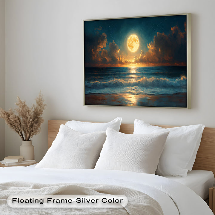 The crashing waves and illuminated sky evoke a sense of wonder and calm, making this piece a stunning focal point for any room.

