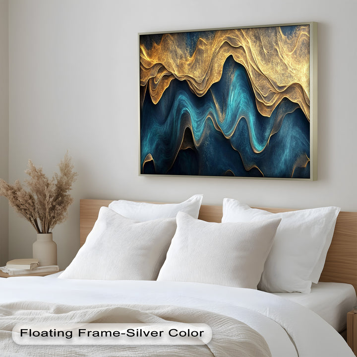 Flowing Teal & Gold Waves – Abstract Oil Painting