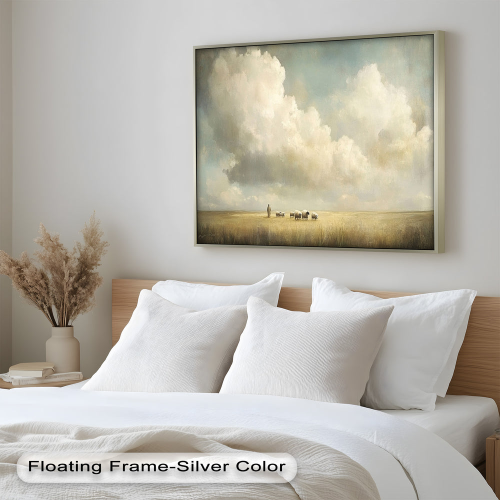 Tranquil pastoral artwork featuring grazing sheep and soft clouds.
