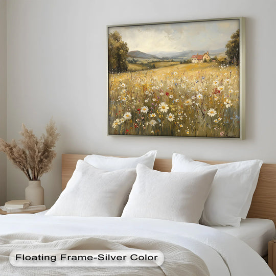 Warm color temperature highlights the serene beauty of this 'Countryside Bloom' oil painting home decor, showcasing a sunlit floral landscape with rolling hills and a quaint cottage.