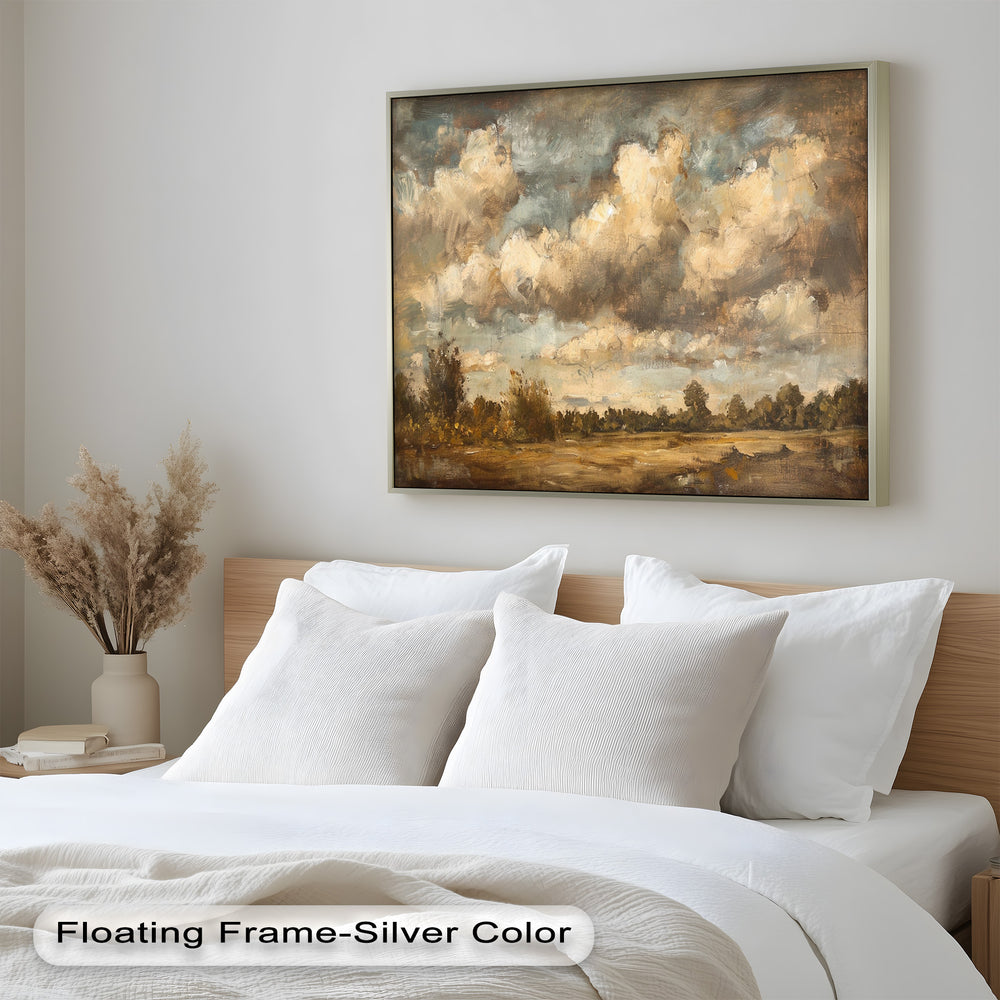 A dramatic sky filled with billowing clouds dominates this rustic landscape, where textured brushstrokes create depth and movement, evoking the beauty of nature’s changing moods.